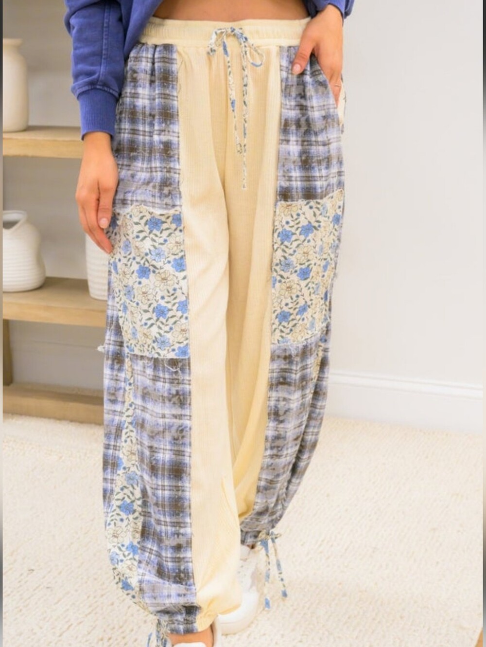 POL Boho Blue Cream Plaid Floral Cotton Jogger Pants NEW - Picture 5 of 6